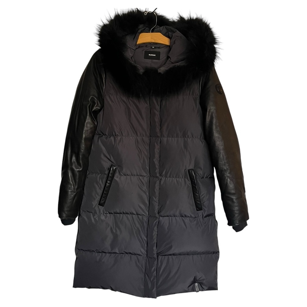 Rudsak Elsa Mid Length Down Puffer Jacket Gray Black Raccoon Fur Hood Size M